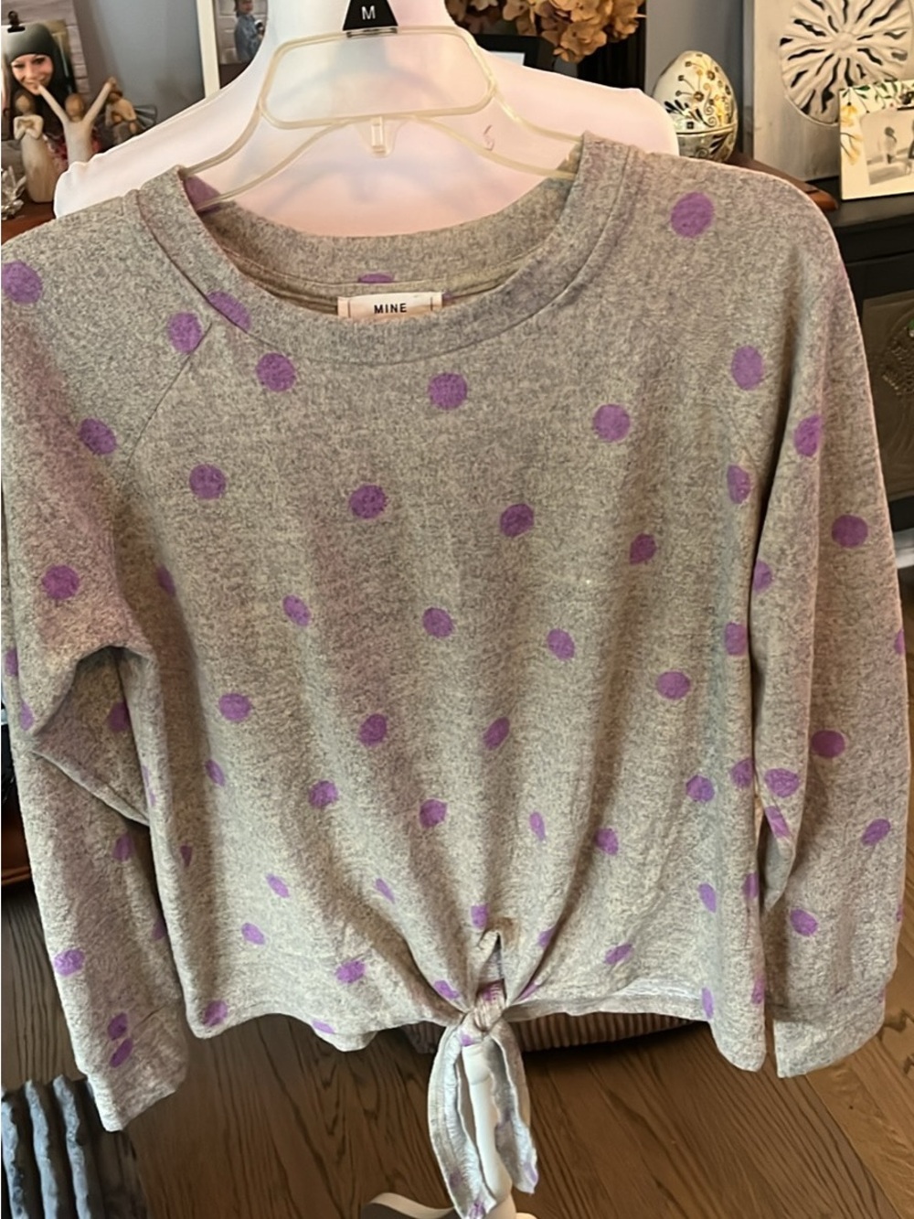 MINE Gray Sweatshirt with Purple Polka Dots and Front Tie